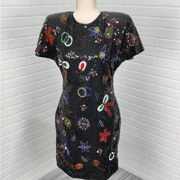 Unbranded Dress Women Medium‎ Black Multi Floral Bow All Sequin Silk Christmas - Picture 1 of 10